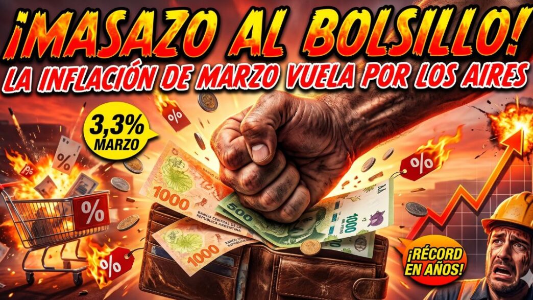 Puño aplastando una billetera con pesos argentinos entre llamas. Representación del masazo al bolsillo por la inflación récord de marzo, el ajuste del Gobierno y la crisis económica que destruye los salarios de los trabajadores.