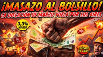 Puño aplastando una billetera con pesos argentinos entre llamas. Representación del masazo al bolsillo por la inflación récord de marzo, el ajuste del Gobierno y la crisis económica que destruye los salarios de los trabajadores.