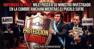 Ilustración de Javier Milei protegiendo a Manuel Adorni investigado por corrupción con un escudo de AmCham frente al pueblo que sufre el ajuste.