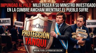 Ilustración de Javier Milei protegiendo a Manuel Adorni investigado por corrupción con un escudo de AmCham frente al pueblo que sufre el ajuste.