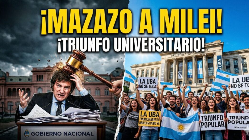 ¡Justicia frena el ajuste salvaje de Milei! Un mazo de la ley golpea a Milei mientras estudiantes de la UBA celebran un triunfo histórico por el financiamiento universitario frente a la Facultad de Derecho.