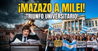 ¡Justicia frena el ajuste salvaje de Milei! Un mazo de la ley golpea a Milei mientras estudiantes de la UBA celebran un triunfo histórico por el financiamiento universitario frente a la Facultad de Derecho.