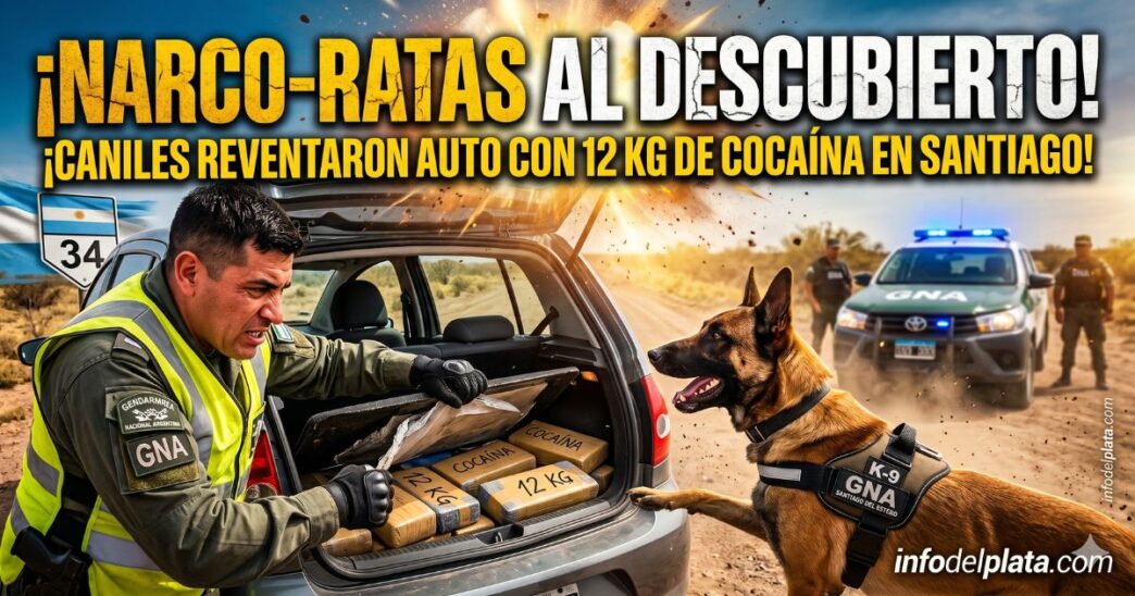 Gendarmería Nacional y perro K-9 incautan 12 kilos de cocaína ocultos en coche por la Ruta 34 en Santiago del Estero. El titular "¡NARCO-RATAS AL DESCUBIERTO!" es visible.