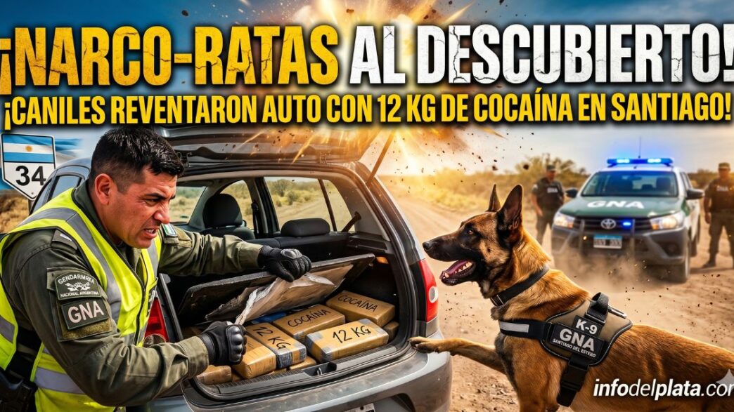 Gendarmería Nacional y perro K-9 incautan 12 kilos de cocaína ocultos en coche por la Ruta 34 en Santiago del Estero. El titular "¡NARCO-RATAS AL DESCUBIERTO!" es visible.