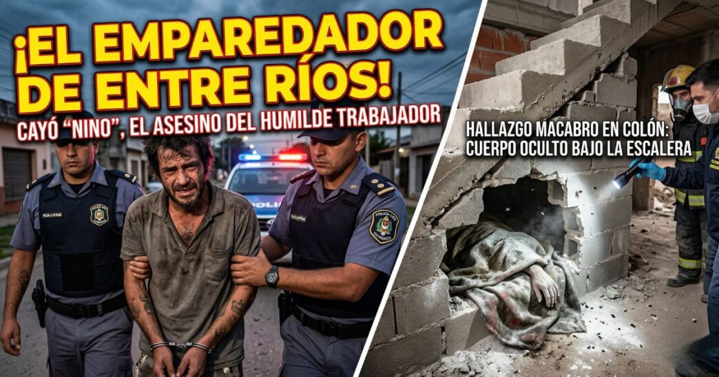 Miniatura de Info del Plata que muestra a un hombre esposado y custodiado por la Policía de Entre Ríos. A su lado, un primer plano de un cuerpo escondido dentro de una pared rota debajo de una escalera en una obra en construcción, cubierto con una manta y cal, iluminado por una linterna. Títulos: '¡EL EMPAREDADOR DE ENTRE RÍOS!' y 'CAYÓ "NINO", EL ASESINO DEL HUMILDE TRABAJADOR'. Incluye la frase clave 'Crimen en Colón'.
