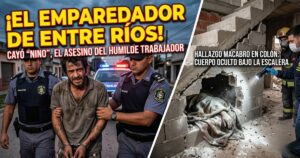 Miniatura de Info del Plata que muestra a un hombre esposado y custodiado por la Policía de Entre Ríos. A su lado, un primer plano de un cuerpo escondido dentro de una pared rota debajo de una escalera en una obra en construcción, cubierto con una manta y cal, iluminado por una linterna. Títulos: '¡EL EMPAREDADOR DE ENTRE RÍOS!' y 'CAYÓ "NINO", EL ASESINO DEL HUMILDE TRABAJADOR'. Incluye la frase clave 'Crimen en Colón'.