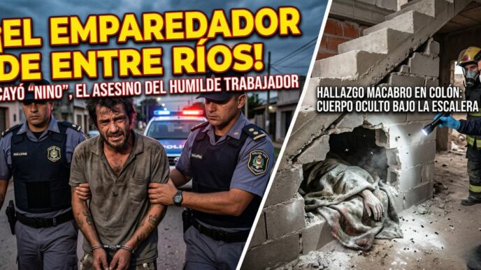 Miniatura de Info del Plata que muestra a un hombre esposado y custodiado por la Policía de Entre Ríos. A su lado, un primer plano de un cuerpo escondido dentro de una pared rota debajo de una escalera en una obra en construcción, cubierto con una manta y cal, iluminado por una linterna. Títulos: '¡EL EMPAREDADOR DE ENTRE RÍOS!' y 'CAYÓ "NINO", EL ASESINO DEL HUMILDE TRABAJADOR'. Incluye la frase clave 'Crimen en Colón'.
