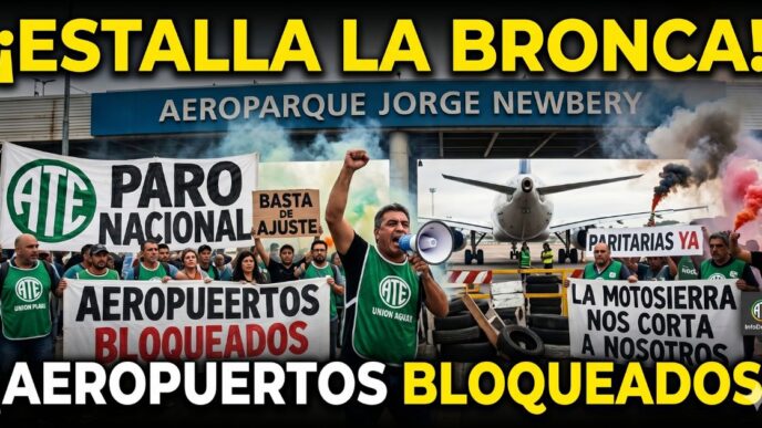 Imagen de portada impactante que muestra una marea humana de trabajadores estatales (ATE) furiosos sitiando la entrada de Aeroparque, en Buenos Aires. Al grito de '¡Estalla la Bronca!', cientos de manifestantes con bengalas de humo y carteles de 'Paro Nacional' y 'Basta de Ajuste' paralizan el acceso a la terminal aérea. En primer plano, carteles que dicen 'Aeropuertos Bloqueados' y 'La Motosierra Nos Corta', frente a un avión de Aerolíneas Argentinas al fondo. La imagen simboliza la rebelión popular contra las políticas de hambre y ajuste salvaje de Milei.