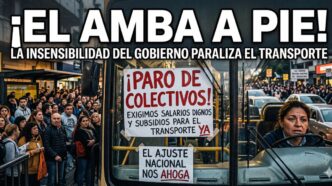Impactante fotografía del paro de colectivos en el AMBA con una conductora angustiada dentro de un colectivo detenido. Un cartel grande y visible dice: "¡PARO DE COLECTIVOS!". Otro cartel en el volante tiene el lema: "EL AJUSTE NACIONAL NOS AHOGA". Afuera, una multitud de laburantes y usuarios parados por la falta de transporte.
