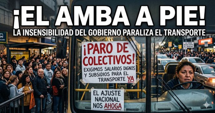 Impactante fotografía del paro de colectivos en el AMBA con una conductora angustiada dentro de un colectivo detenido. Un cartel grande y visible dice: "¡PARO DE COLECTIVOS!". Otro cartel en el volante tiene el lema: "EL AJUSTE NACIONAL NOS AHOGA". Afuera, una multitud de laburantes y usuarios parados por la falta de transporte.