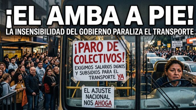 Impactante fotografía del paro de colectivos en el AMBA con una conductora angustiada dentro de un colectivo detenido. Un cartel grande y visible dice: "¡PARO DE COLECTIVOS!". Otro cartel en el volante tiene el lema: "EL AJUSTE NACIONAL NOS AHOGA". Afuera, una multitud de laburantes y usuarios parados por la falta de transporte.