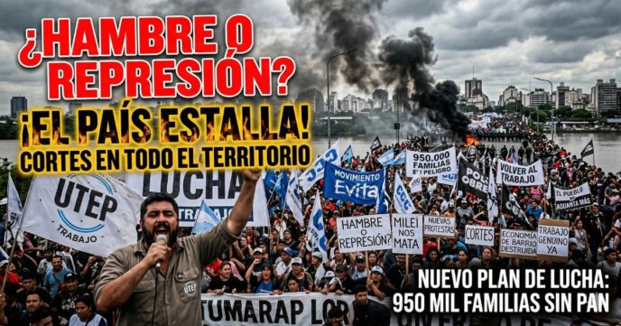 Masivo piquete en Puente Pueyrredón contra el ajuste de Milei. Líder sindical gritando entre banderas y humo con pancartas que dicen "¿HAMBRE O REPRESIÓN? ¡EL PAÍS ESTALLA!" y "950 MIL FAMILIAS SIN PAN". Cientos de cortes en todo el territorio argentino.