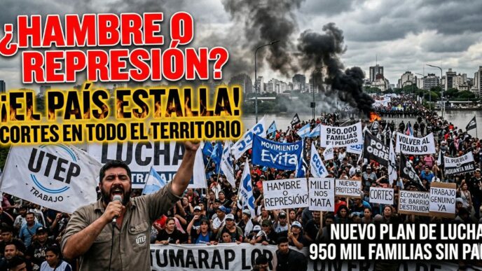 Masivo piquete en Puente Pueyrredón contra el ajuste de Milei. Líder sindical gritando entre banderas y humo con pancartas que dicen "¿HAMBRE O REPRESIÓN? ¡EL PAÍS ESTALLA!" y "950 MIL FAMILIAS SIN PAN". Cientos de cortes en todo el territorio argentino.