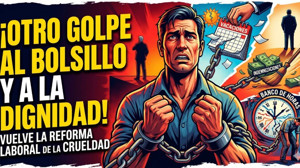 Un trabajador argentino encadenado y sufriendo por la reforma laboral de Milei, con detalles visuales de la pérdida de indemnizaciones, vacaciones y derechos adquiridos.