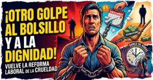 Un trabajador argentino encadenado y sufriendo por la reforma laboral de Milei, con detalles visuales de la pérdida de indemnizaciones, vacaciones y derechos adquiridos.