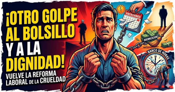 Un trabajador argentino encadenado y sufriendo por la reforma laboral de Milei, con detalles visuales de la pérdida de indemnizaciones, vacaciones y derechos adquiridos.