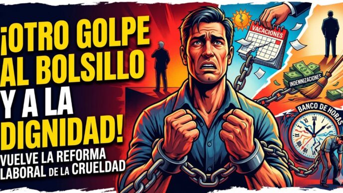 Un trabajador argentino encadenado y sufriendo por la reforma laboral de Milei, con detalles visuales de la pérdida de indemnizaciones, vacaciones y derechos adquiridos.