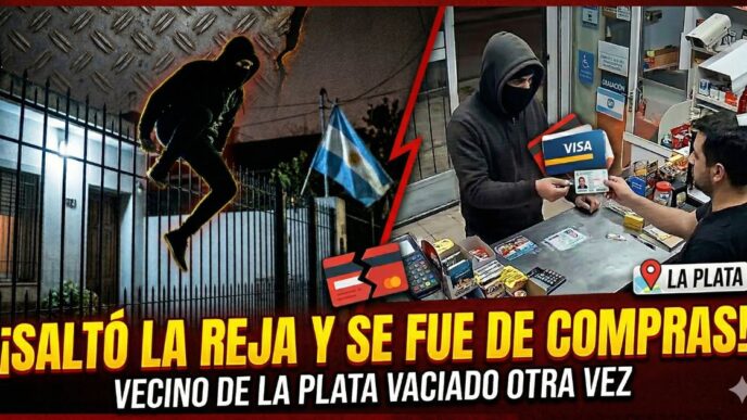 Inseguridad en San Carlos: delincuente saltando reja y comprando con tarjetas robadas en La Plata.