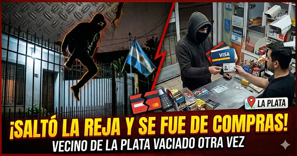 Inseguridad en San Carlos: delincuente saltando reja y comprando con tarjetas robadas en La Plata.