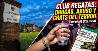 Escándalo en el Club Regatas de Bella Vista: imagen que muestra la fachada del club, un vaso adulterado con drogas y capturas de chats de WhatsApp denunciando abusos por parte de rugbiers en el tercer tiempo.