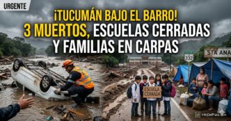Imagen impactante del trágico temporal en Tucumán: auto volcado por la corriente del río, alumnos con cartel de escuela cerrada por el barro y familias evacuadas viviendo en carpas en la ruta.