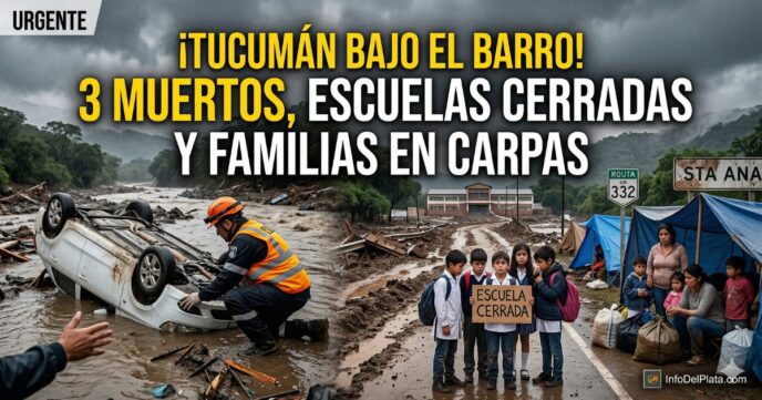 Imagen impactante del trágico temporal en Tucumán: auto volcado por la corriente del río, alumnos con cartel de escuela cerrada por el barro y familias evacuadas viviendo en carpas en la ruta.