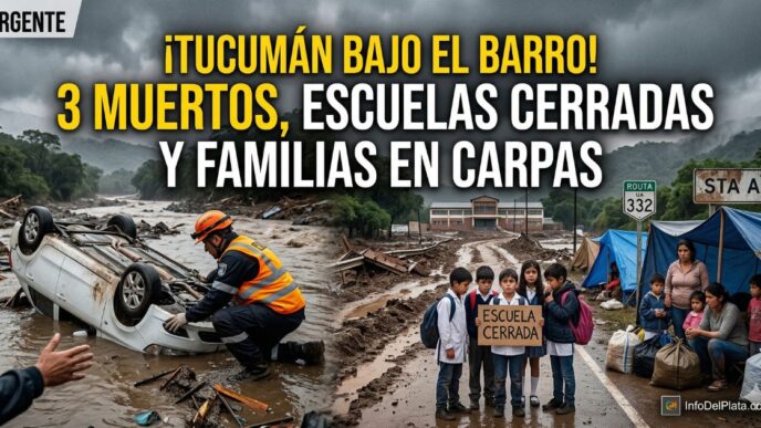 Imagen impactante del trágico temporal en Tucumán: auto volcado por la corriente del río, alumnos con cartel de escuela cerrada por el barro y familias evacuadas viviendo en carpas en la ruta.