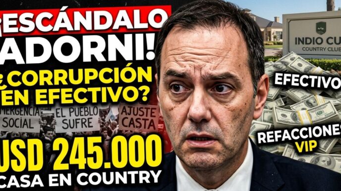 Manuel Adorni acorralado por denuncia de enriquecimiento ilícito, fajos de dólares en efectivo, lujos en country Indio Cuá y contraste con protesta por emergencia social y ajuste.