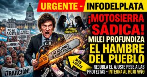 Ilustración impactante de Javier Milei enfurecido con una motosierra destruyendo salarios y billetes frente al Congreso, mientras el pueblo argentino protesta desesperado contra el hambre y el nuevo ajuste fiscal de 1,47 billones.