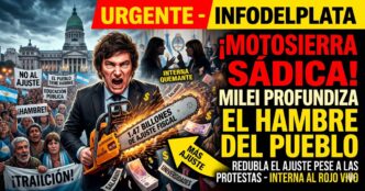 Ilustración impactante de Javier Milei enfurecido con una motosierra destruyendo salarios y billetes frente al Congreso, mientras el pueblo argentino protesta desesperado contra el hambre y el nuevo ajuste fiscal de 1,47 billones.