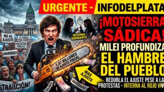 Ilustración impactante de Javier Milei enfurecido con una motosierra destruyendo salarios y billetes frente al Congreso, mientras el pueblo argentino protesta desesperado contra el hambre y el nuevo ajuste fiscal de 1,47 billones.