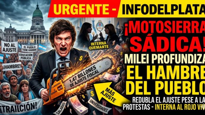Ilustración impactante de Javier Milei enfurecido con una motosierra destruyendo salarios y billetes frente al Congreso, mientras el pueblo argentino protesta desesperado contra el hambre y el nuevo ajuste fiscal de 1,47 billones.
