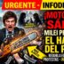 Ilustración impactante de Javier Milei enfurecido con una motosierra destruyendo salarios y billetes frente al Congreso, mientras el pueblo argentino protesta desesperado contra el hambre y el nuevo ajuste fiscal de 1,47 billones.