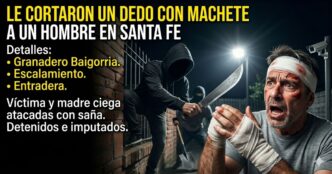 Ilustración impactante del brutal ataque con machete en Granadero Baigorria. Delincuentes encapuchados amputan el dedo a un hombre en una violenta entradera en Santa Fe.