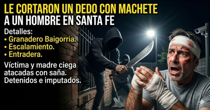 Ilustración impactante del brutal ataque con machete en Granadero Baigorria. Delincuentes encapuchados amputan el dedo a un hombre en una violenta entradera en Santa Fe.
