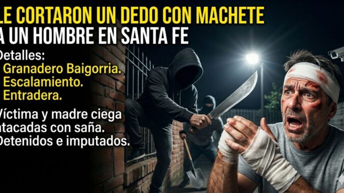 Ilustración impactante del brutal ataque con machete en Granadero Baigorria. Delincuentes encapuchados amputan el dedo a un hombre en una violenta entradera en Santa Fe.