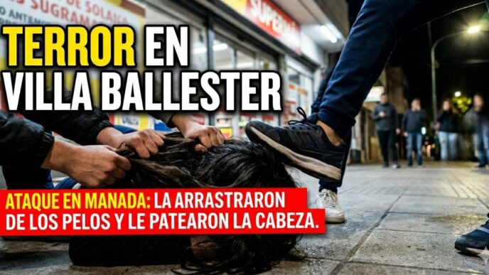 Captura del brutal ataque en manada a una adolescente en Villa Ballester. Muestra el momento exacto de la salvaje agresión en la vereda a metros de la escuela.