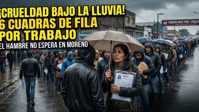 Postal del espanto en Moreno: larguísimas filas de personas bajo una intensa lluvia con paraguas y currículums en mano, esperando una oportunidad laboral frente al frigorífico Cabaña Don Theo. La imagen muestra la emergencia social y la falta de empleo por el ajuste del gobierno, documentando la humillación a cielo abierto de un pueblo que solo pide dignidad.
