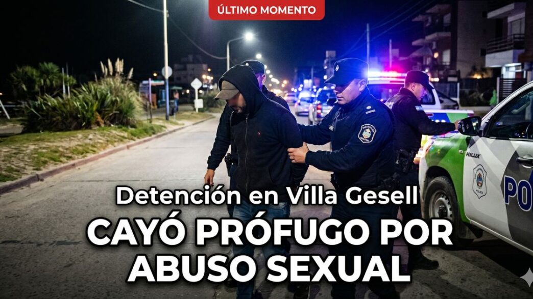 Momento de la detención en Villa Gesell de un hombre prófugo por abuso sexual. Operativo policial en la vía pública.