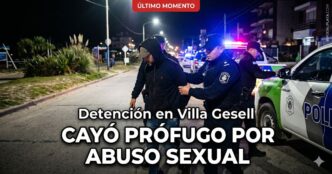Momento de la detención en Villa Gesell de un hombre prófugo por abuso sexual. Operativo policial en la vía pública.
