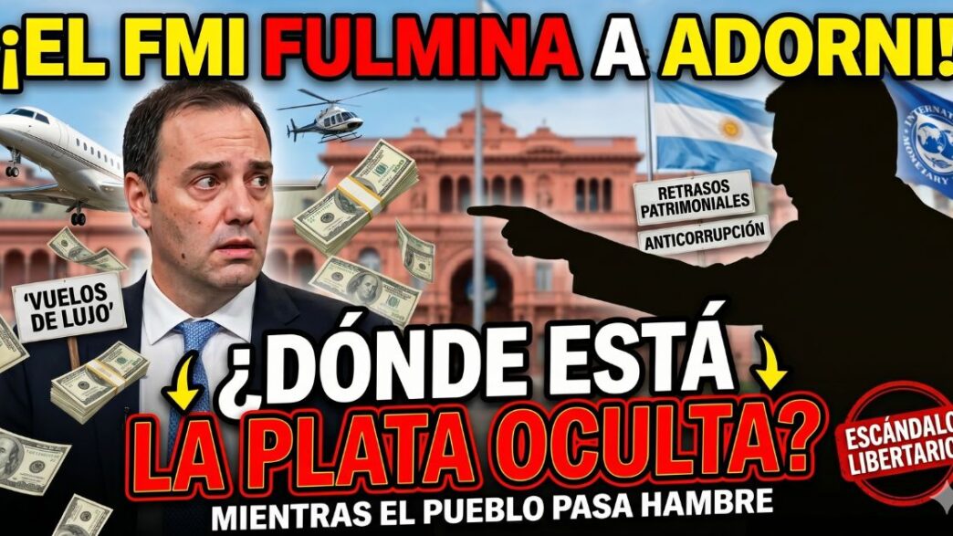 Imagen del escándalo Efecto Adorni. Manuel Adorni con cara de preocupación rodeado de dólares volando y un avión privado, mientras una sombra lo señala frente a la Casa Rosada con los carteles de FMI y corrupción libertaria.