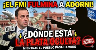 Imagen del escándalo Efecto Adorni. Manuel Adorni con cara de preocupación rodeado de dólares volando y un avión privado, mientras una sombra lo señala frente a la Casa Rosada con los carteles de FMI y corrupción libertaria.