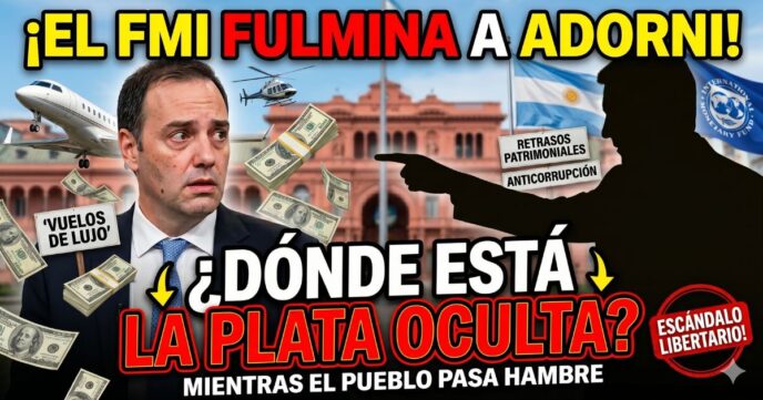 Imagen del escándalo Efecto Adorni. Manuel Adorni con cara de preocupación rodeado de dólares volando y un avión privado, mientras una sombra lo señala frente a la Casa Rosada con los carteles de FMI y corrupción libertaria.