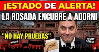 Impactante miniatura: Manuel Adorni encubierto por la Casa Rosada. Una mano sostiene un sobre con sello rojo de 'PRUEBAS OCULTAS'. Abajo, siluetas de protestas populares con carteles de 'HAMBRE'. Texto en grande: '¡ESTADO DE ALERTA! LA ROSADA ENCUBRE A ADORNI'.