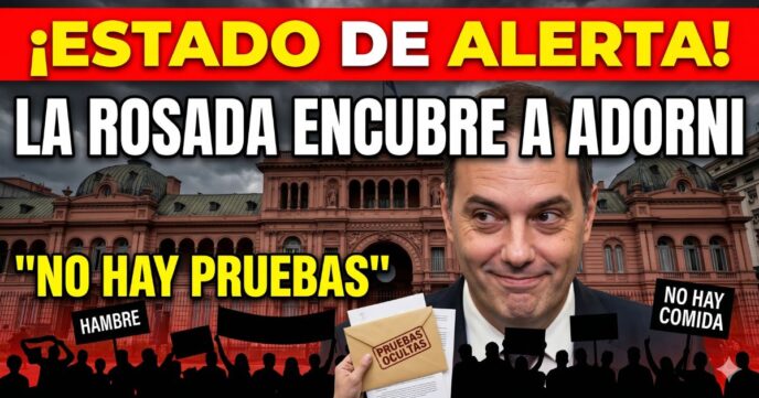 Impactante miniatura: Manuel Adorni encubierto por la Casa Rosada. Una mano sostiene un sobre con sello rojo de 'PRUEBAS OCULTAS'. Abajo, siluetas de protestas populares con carteles de 'HAMBRE'. Texto en grande: '¡ESTADO DE ALERTA! LA ROSADA ENCUBRE A ADORNI'.