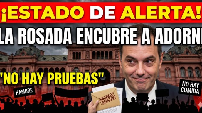 Impactante miniatura: Manuel Adorni encubierto por la Casa Rosada. Una mano sostiene un sobre con sello rojo de 'PRUEBAS OCULTAS'. Abajo, siluetas de protestas populares con carteles de 'HAMBRE'. Texto en grande: '¡ESTADO DE ALERTA! LA ROSADA ENCUBRE A ADORNI'.