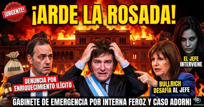 Javier Milei agarrándose la cabeza ante una Casa Rosada en llamas por el escándalo de Manuel Adorni, denunciado por enriquecimiento ilícito, mientras Patricia Bullrich desafía a Karina Milei.