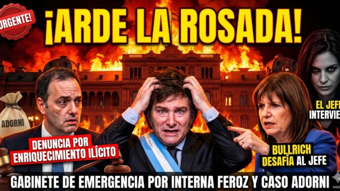 Javier Milei agarrándose la cabeza ante una Casa Rosada en llamas por el escándalo de Manuel Adorni, denunciado por enriquecimiento ilícito, mientras Patricia Bullrich desafía a Karina Milei.