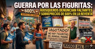 Kiosco de barrio con cartel de agotado y fanáticos reclamando por la falta de figuritas del Mundial 2026 y sobreprecios en la reventa.