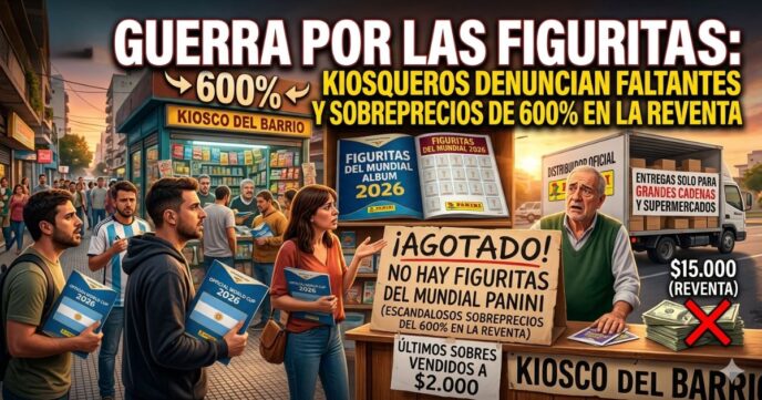 Kiosco de barrio con cartel de agotado y fanáticos reclamando por la falta de figuritas del Mundial 2026 y sobreprecios en la reventa.